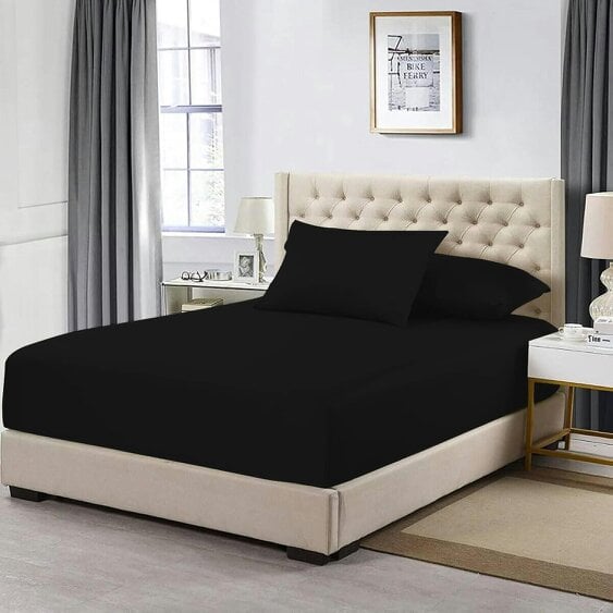 Night Zone 200 Thread Count Egyptian Cotton Fitted Sheet 30cm Deep – Soft Breathable Bed Sheet - Black