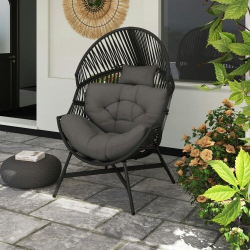 Wyld Haus Rataco Rattan Charcoal Grey Oversized Freestanding Egg Chair With Tufted Cushion And Headrest