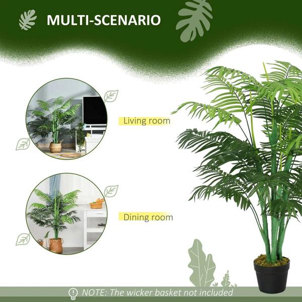 Green artificial palm tree in a black nursery pot with spreading fronds