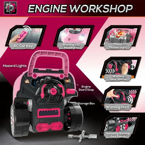 Pink toy truck car with open hood, steering wheel area, and engine workshop detail view.