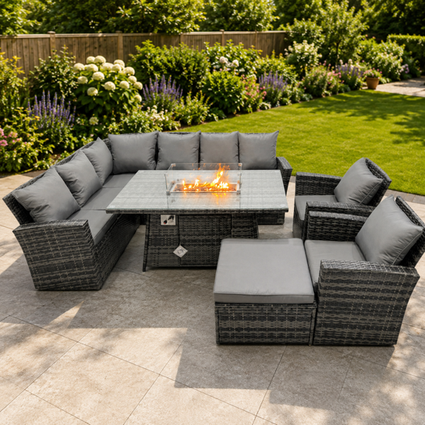 Fimous Poly Rattan Outdoor Patio Gas Fire Pit Dining Table Corner Sofa Set with Big Stool 2 Chairs for Garden Backyard Dark Grey Mixed