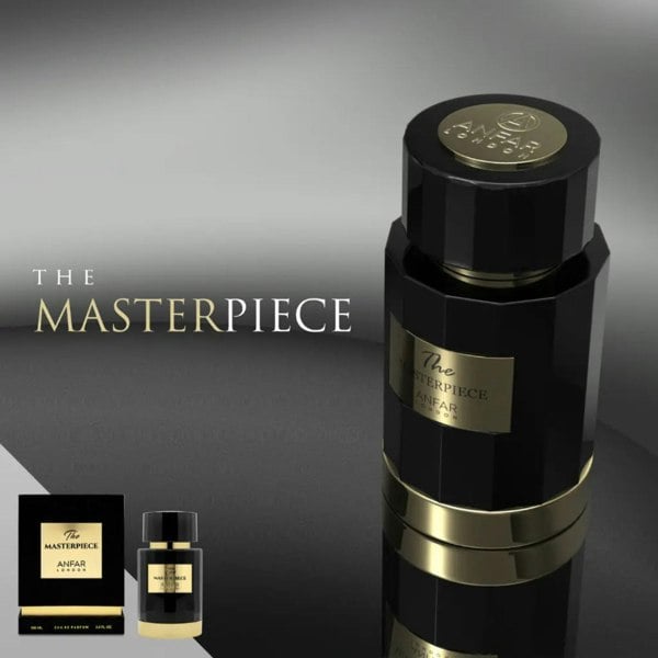 Anfar The Masterpiece perfume bottle with packaging on a gray background