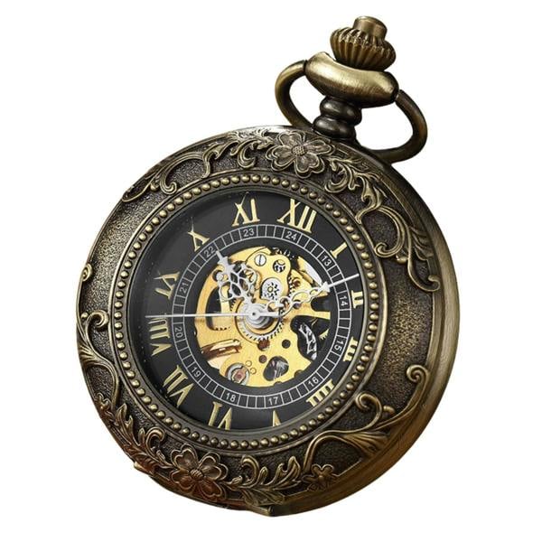 Infinity Leather Vinatage Mechanical Alloy Skeleton Half Hunter Pocket Watch