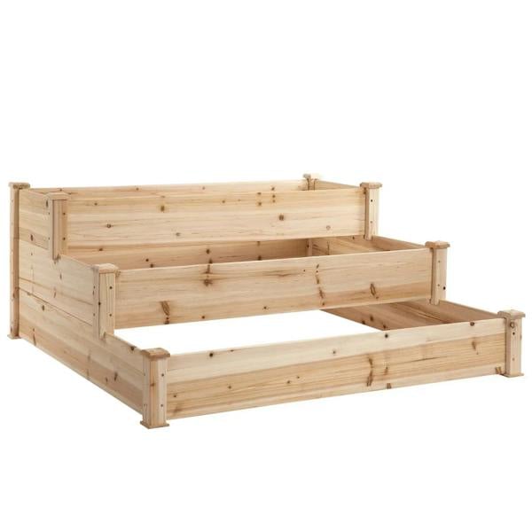 Three-tier raised wooden garden planter bed, natural timber, open planting boxes