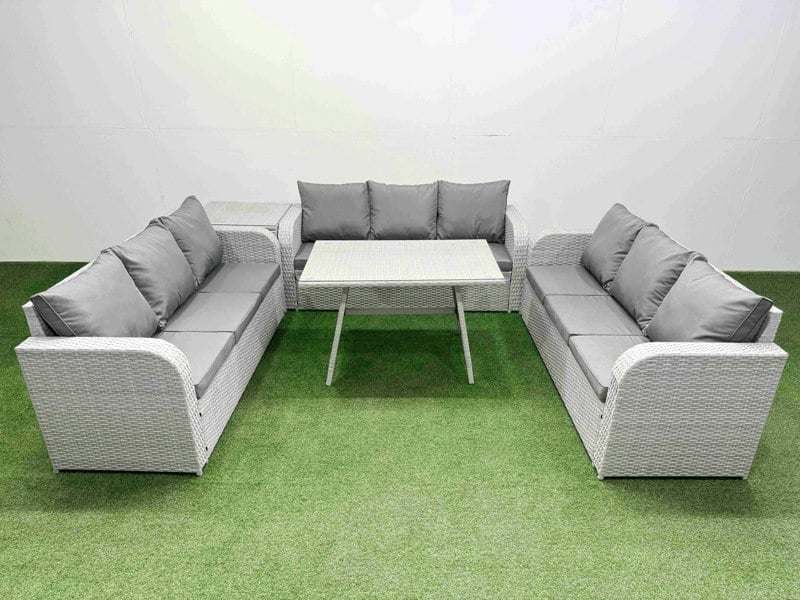 Fimous 9 Seat Outdoor PE Rattan Garden Furniture with Cushions 3 Seater Sofa Side Table Light Grey