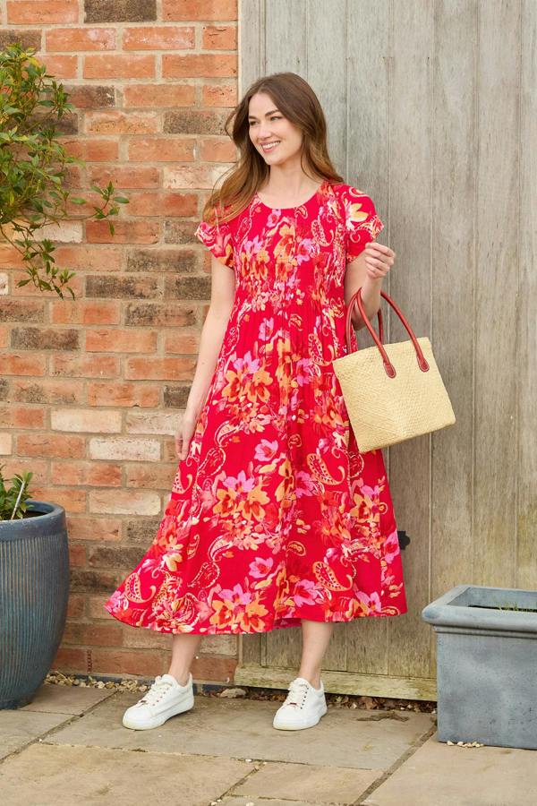 Mudflower Paisley Print Shirred Bodice Dress