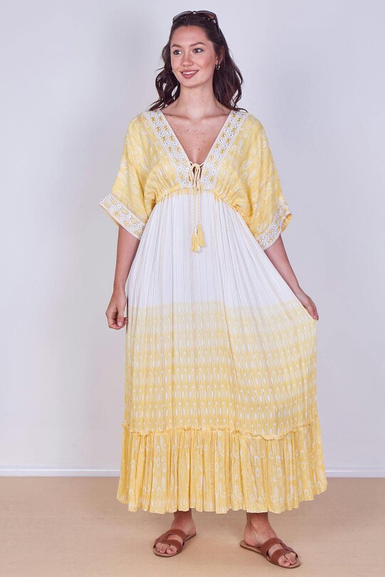 Boho Embroidered Maxi Dress with Tassel Tie – One Size (UK 8–14)