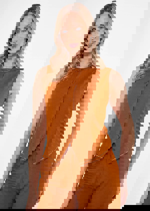 Gini London Rust Cotton Contrast Stitch Detail Waist Coat