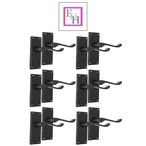 EDH Door Hardware Matt Black Victorian Scroll Door Handles on Backplate – 118mm x 42mm 6 Pairs + Tubular Latches