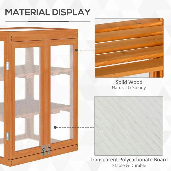 Wood greenhouse cold frame with clear polycarbonate panels and orange-brown wooden frame