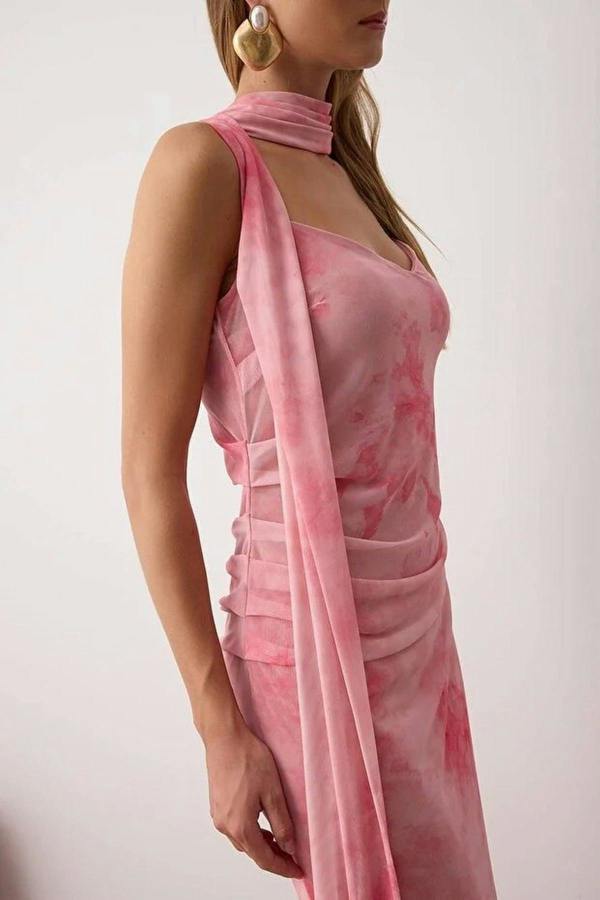 WOVCOR Scarf Detail Tulle Maxi Knit Dress