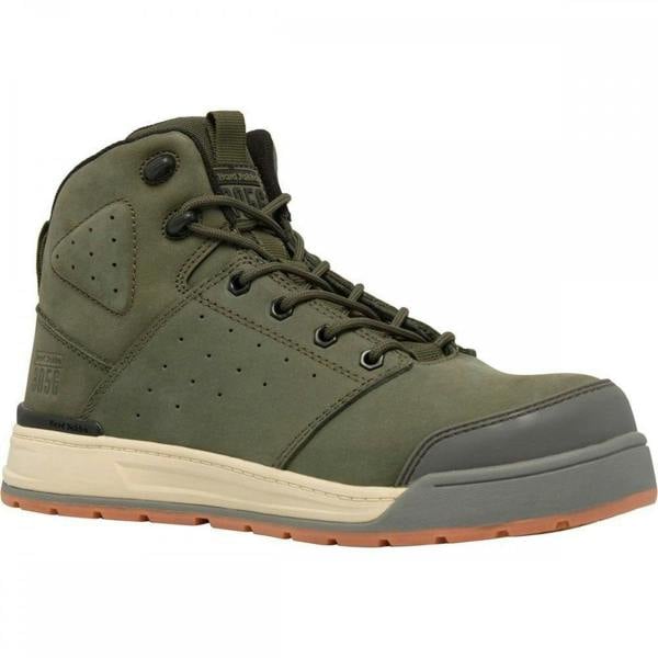 Hard Yakka 3056 Mens Side Zip Safety Composite Toe Ankle Boots, military green outdoor work boots with side zip and robust sole.