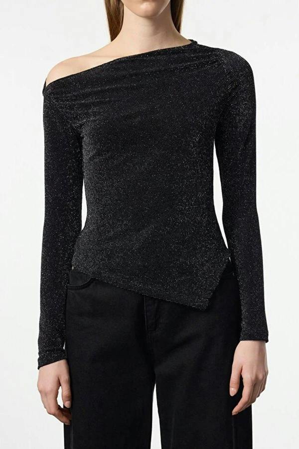 WOVCOR Asymmetrical Collar Glittery Knit Chic Party Blouse