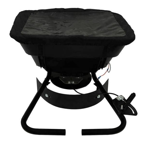 Black ATV mounted spreader with a sturdy metal frame, large hopper, and adjustable controls for efficient spreading of materials