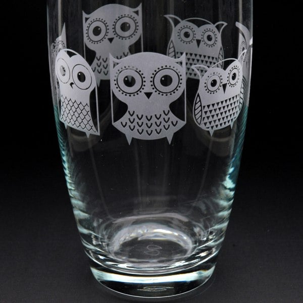 Glyptic Glass Art Cartoon Owl Glass Botanica Vase - Hand Etched/Engraved Gift