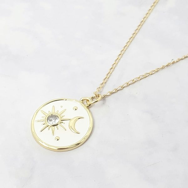 White Enamel Celestial Sun Moon Round Charm Necklace