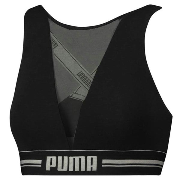 Puma Cotton Modal Stretch High Neck Bra with Mesh, Black/Silver