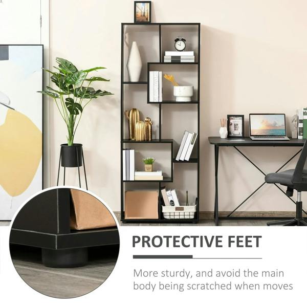 Black freestanding bookcase with protective feet to prevent floor scratching