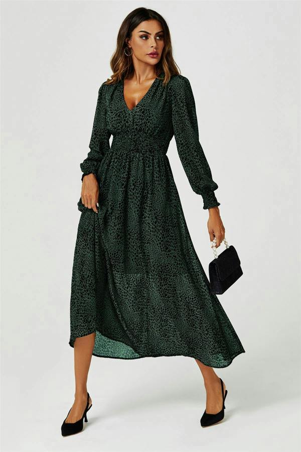 FS Collection Leopard Print Long Sleeve Maxi Dress In Green