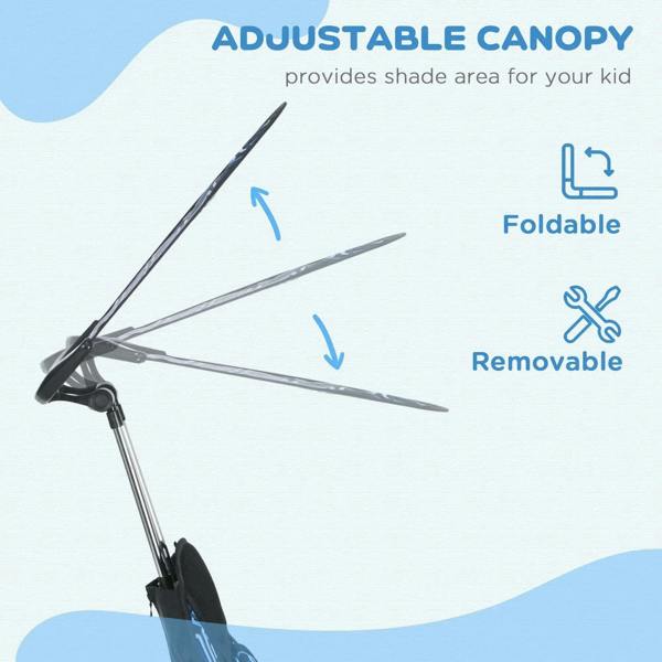 Adjustable foldable canopy for kids tricycle over blue-and-black seat