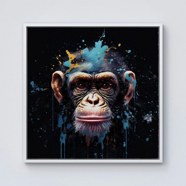 Warren Reed Monkey Face Splash Art with Blue Framed Canvas