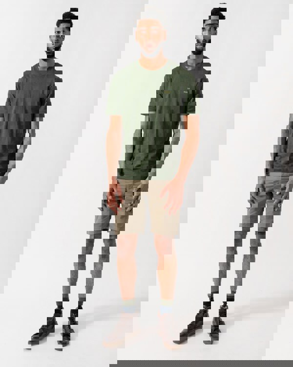 full length shot of a model wearing a HUGO Dero222 Mens Cotton-Jersey T-Shirt with Logo Print in Dark Green