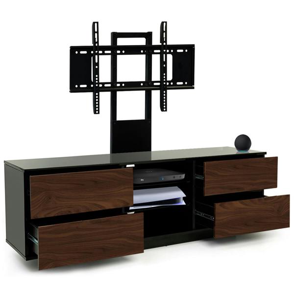 Homeology Avitus Gloss Black with 4-Walnut Drawers and 3-Shelves up to 65" LED/LCD/Plasma TV Stand with Mounting Arm