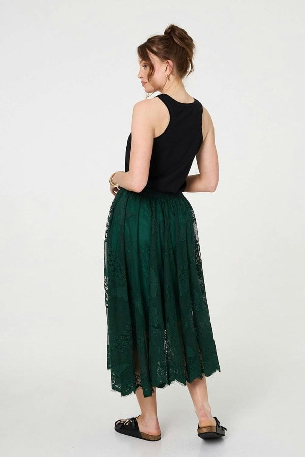 Sage | Floral Semi Sheer Mesh Layer Midi Skirt
