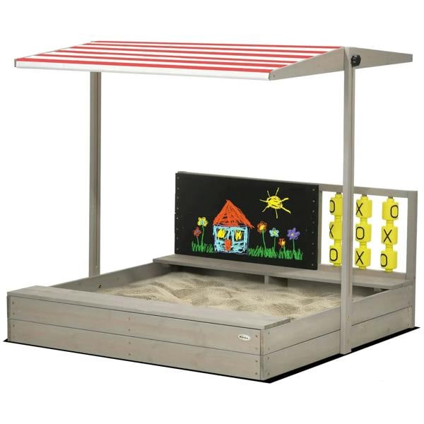 Grey kids wooden sandpit with canopy, built-in seats, and open sand area