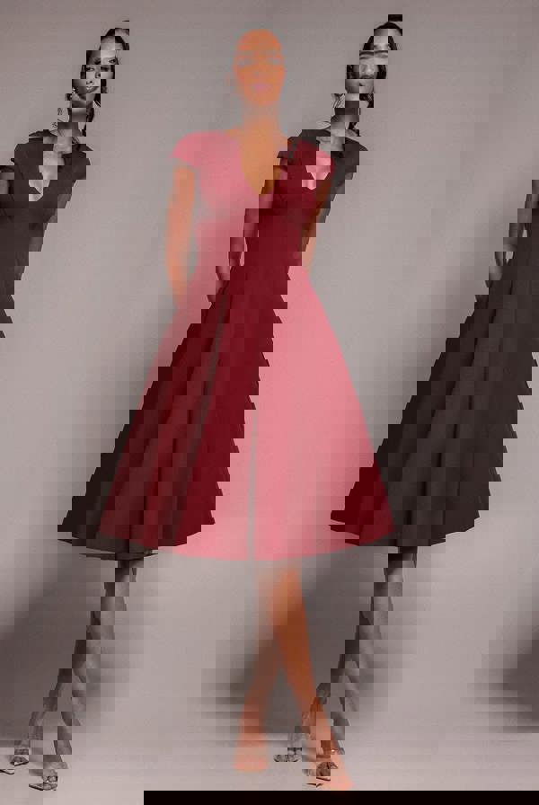 Cap Sleeve Plunging V-Neckline A-line Midi Dress - Wine DR4540