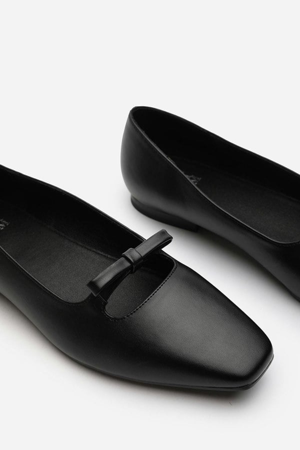 Where's That From Hope Square Toe Ballet Flats With Knot Bow In Black Faux Leather