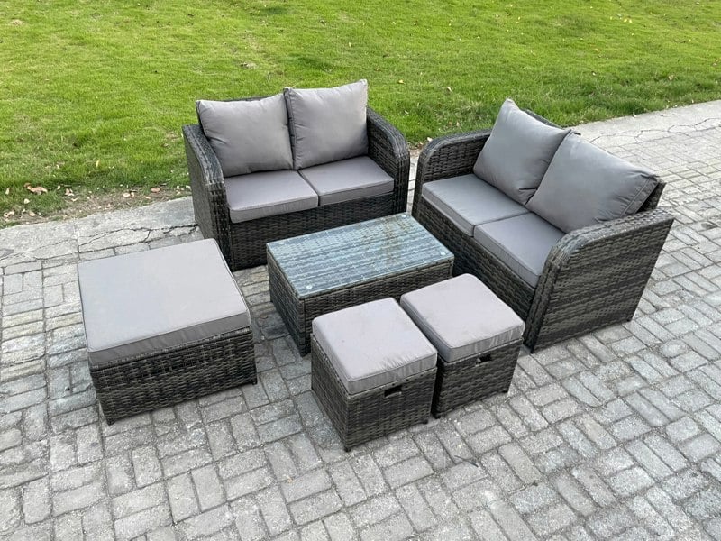 Fimous 7 Seater Garden Furniture Set Rattan Outdoor Lounge Sofa Chair With Tempered Glass Table 3 Footstools Dark Grey Mixed