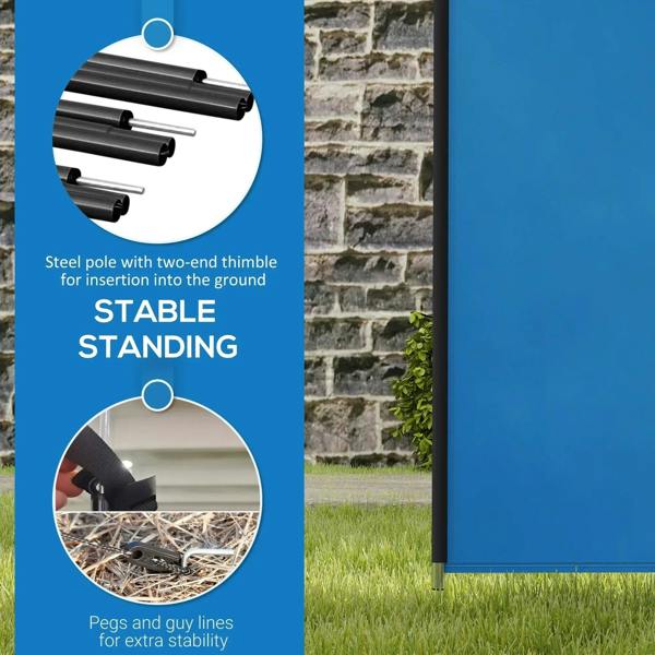 Blue camping windbreak panel with steel poles, pegs and guy lines for stability