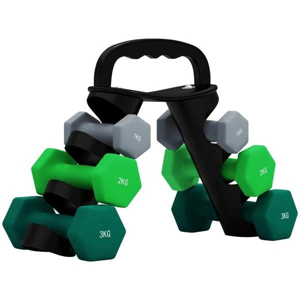 Hex rubber dumbbells set with handle, weights 1kg, 2kg, 3kg, green/gray