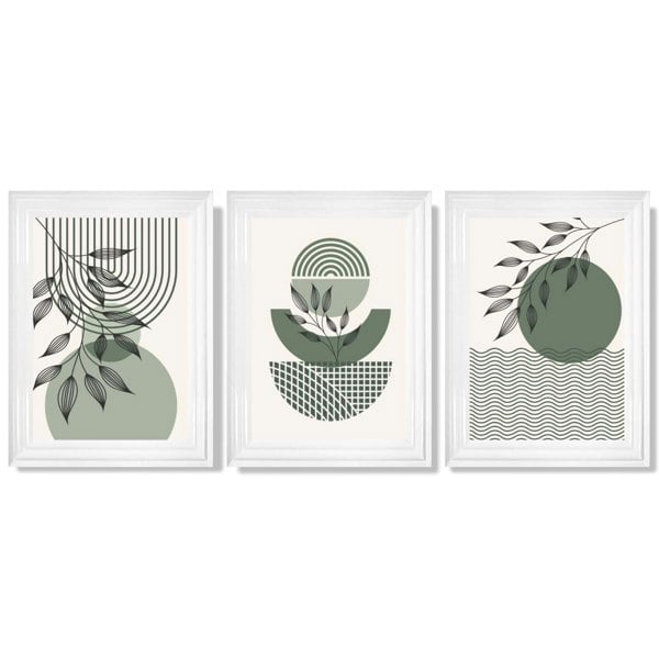 Set of 3 Geometric Green and Beige Botanical Framed Art Prints with Glossy White Frames