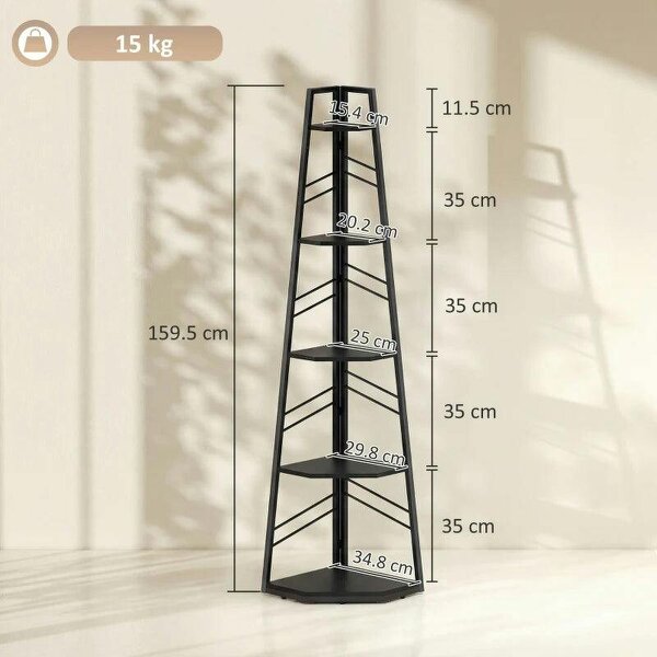 Corner Bookcase, 5-Tier Floor Standing Bookshelf, Shelving Unit for Living Room, Study, Bedroom, Black