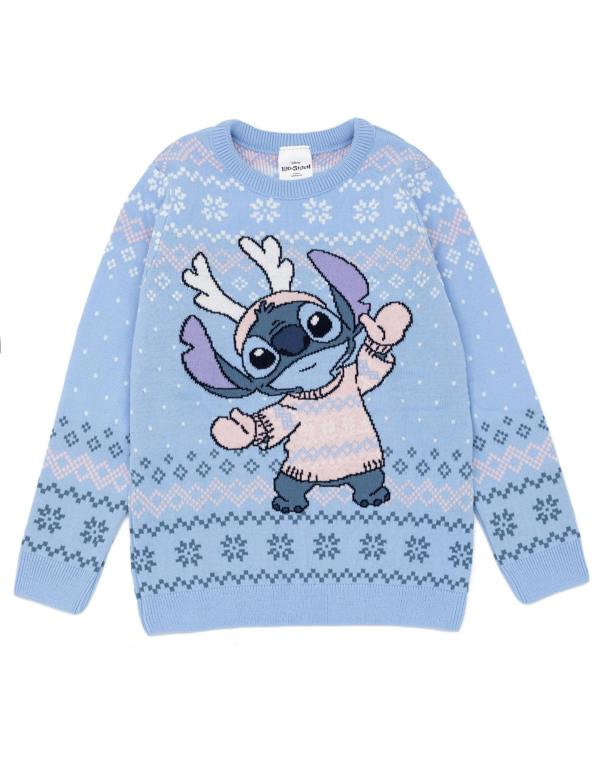 Vanilla Underground Disney Lilo & Stitch Girls Blue Christmas Fair Isle Christmas Jumper