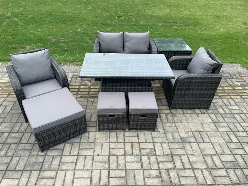 Fimous Wicker PE Rattan Furniture Garden Dining Set Outdoor Height Adjustable Rising lifting Table Love Sofa Chair With Side Table 3 Stools