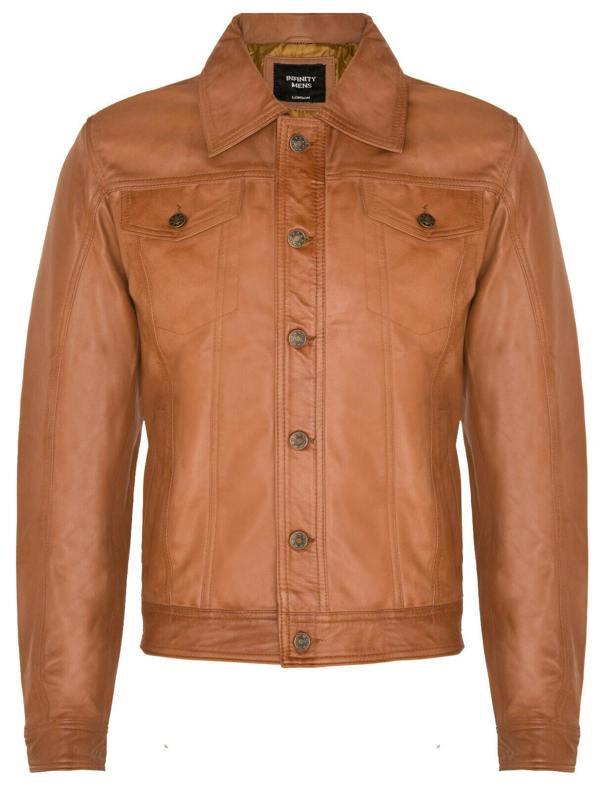 Infinity Leather Mens Trucker Slim Fit Leather Shirt Jeans Jacket