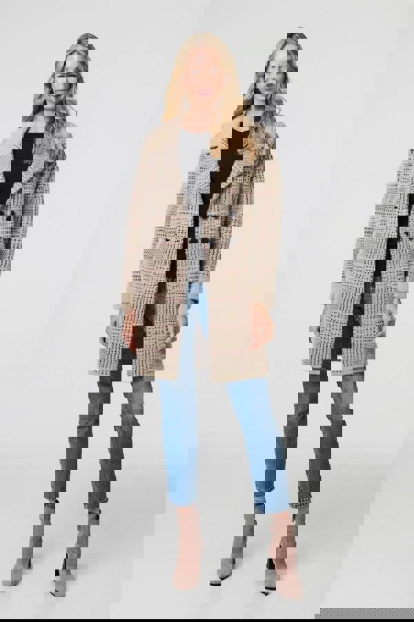 Beige | Checked Button Front Thigh Length Trench Coat
