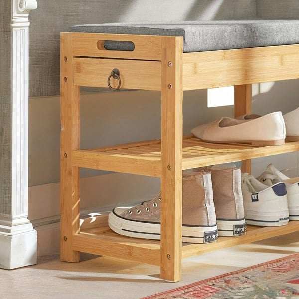 Rafaelo Mobilia Bamboo Shoe Storage Bench With Hidden Drawer & Cushioned Seat