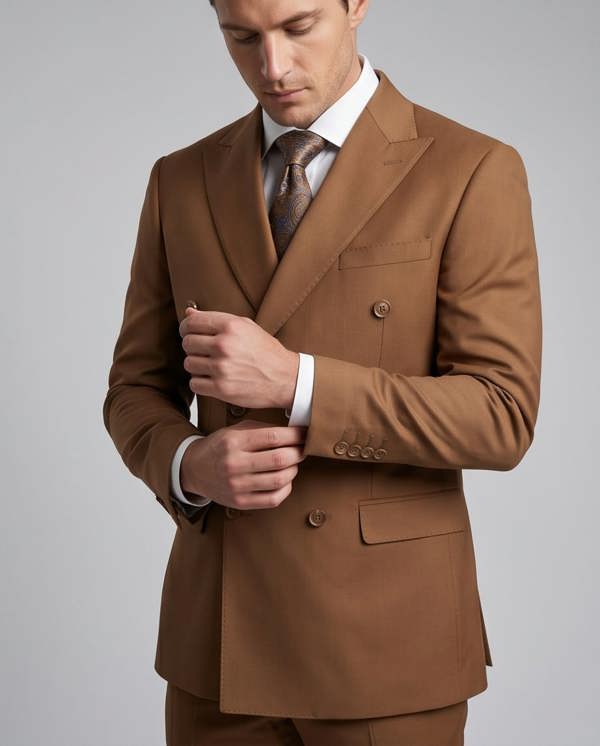 Man wearing a brown suit with a white shirt and patterned tie on a gray background