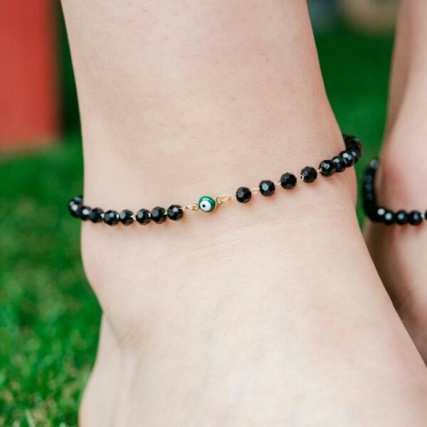 The Colourful Aura Gold Plated Black Beads Emo Evil Eye Protection Beaded Luck Eye Foot Anklet