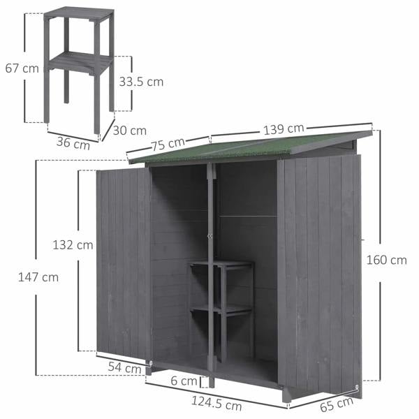 Grey wooden garden shed with green asphalt roof, shown with size diagram