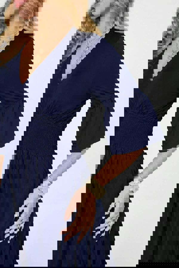 Blue | Shirred Waist 3/4 Sleeve Midi Dress