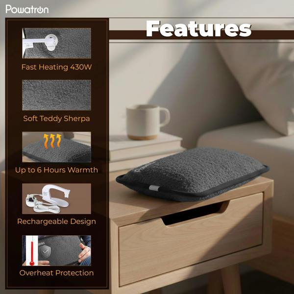 Powatron Rechargeable Electric Hot Water Bottle - Soft & Cosy Hand Body Warmer, Massaging Heat Pad, Over-Heat Protection Electric Water Bottle