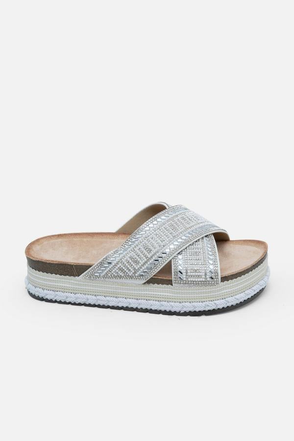 Crystal Shimmer Wedge Sliders Silver, showing material Weave Sole Design