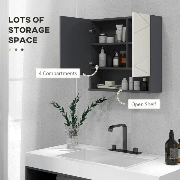 Wall-mounted bathroom mirror cabinet with open door, four compartments, and shelving