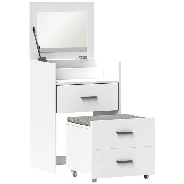 Vanity Desk with Mirror, Modern Dressing Table and Stool w/2 Drawers, Wheels, Flip-Up Mirror, Shelf, White