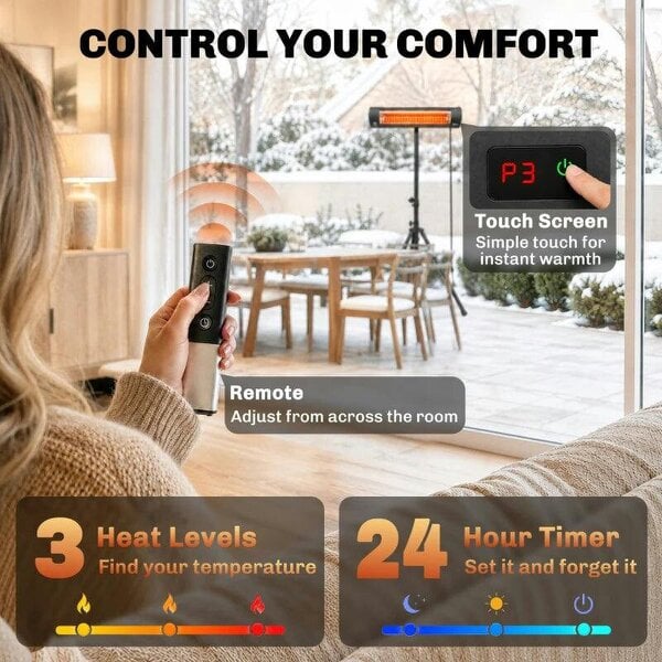 Bobobiy 2500 W Electric Infrared Patio Heater, IP65 Outdoor Garden Heater with Tripod, 3 Heat Settings, 24H Timer, Black